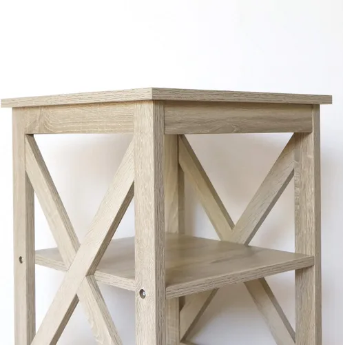 Vista 4 de Rainbow Sophia Mesa auxiliar, moderna mesa auxiliar de madera de granja con almacenamiento de 3 niveles, roble blanco