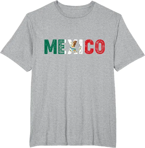 Vista 30 de Camiseta con texto en inglés «Mexico Vintage Letras» como bandera mexicana, Negro