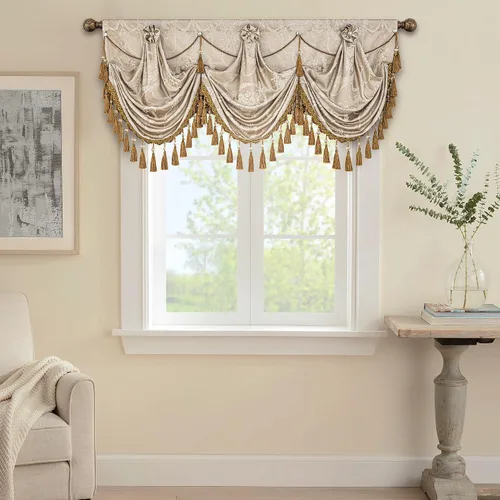 Vista 9 de Loom and Mill Cenefas de cascada de lujo para ventanas de 39 pulgadas de ancho, dorado y arena Elegantes cenefas de cortinas jacquard con borlas