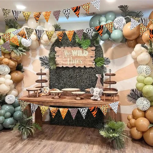 Vista 7 de Banderín con estampado de safari de 3 piezas, diseño de animales salvajes, bandera triangular, decoraciones de cumpleaños de safari, pancarta