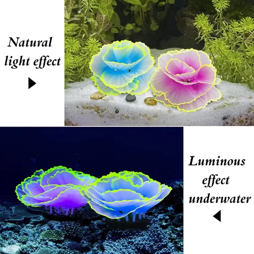 Vista 6 de Decoraciones brillantes para pecera, decoración de acuario brillante, adornos de coral, 2 plantas de flores de silicona y 10 piezas de conchas