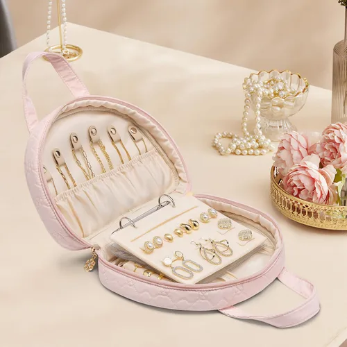 Vista 2 de Vlando Estuche organizador de viaje para joyas, carpeta de anillos con bolsas de joyería, folleto transparente con cremallera para collares, aretes
