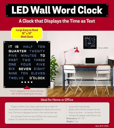 Vista 7 de Tech Tools Reloj LED Word - Muestra la hora como texto - Alimentado por adaptador de CA (12 x 12 pulgadas)