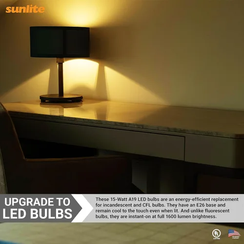 Vista 4 de Sunlite Bombilla LED A19, 15 vatios (equivalente a 100 vatios), 1600 lúmenes, 120 voltios, regulable, base E26 media, certificación UL, blanco