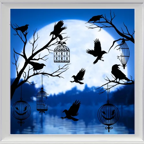 Vista 6 de AnyDesign Calcomanías para ventana de Halloween, 9 hojas de calcomanías de ventana de jaula de cuervo negro, de doble cara extraíble para fiesta