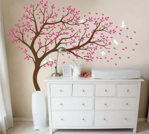 Vista 17 de Vinilo decorativo para pared de árbol grande con pájaros y hojas que soplan en el viento, adhesivo mural de bosque