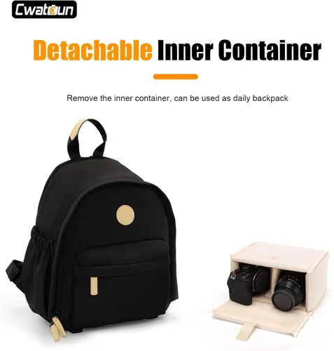 Vista 4 de Cwatcun Mochila para cámara pequeña para mujer, bolsa de cámara réflex digital de moda con correa de trípode, compartimento para laptop y divisores