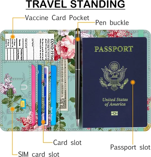 Vista 3 de bvya Portatarjetas de pasaporte y vacuna, protector organizador de documentos de viaje de cuero con bloqueo RFID, E