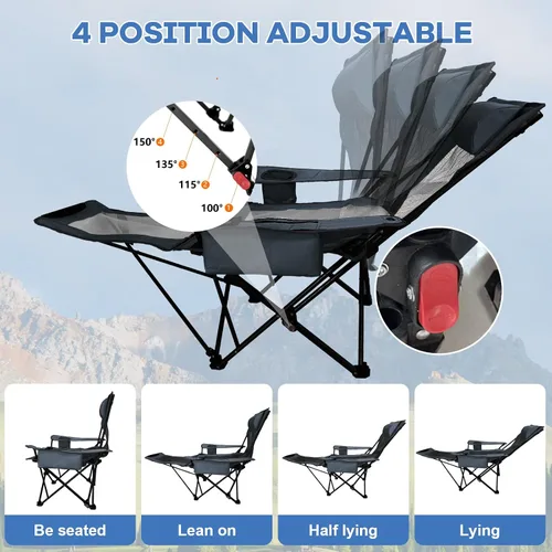 Vista 4 de Paquete de 2 sillas reclinables de camping de 4 posiciones con reposapiés, cómoda para adultos, silla de playa plegable de malla de 265 libras