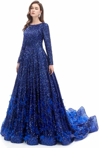 Vista 3 de Women's Sequin Long Sleeves Formal Evening Dress Luxurious Chapel Train Prom Party Gown Silver