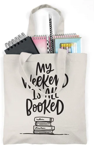 Vista 2 de My WEEKend is All Booked - Bolsa de lona para libros con texto en inglés My WEEKEND is ALL BOOKED Bolsa de lona para libros para libros de texto