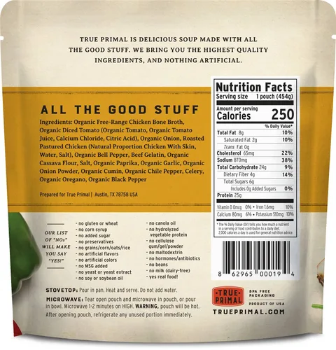 Vista 2 de True Primal Sopa de pollo estilo suroeste paquete de 8, lista para comer, caldo de huesos, sin gluten, paleo, pollo pasturado, Whole30