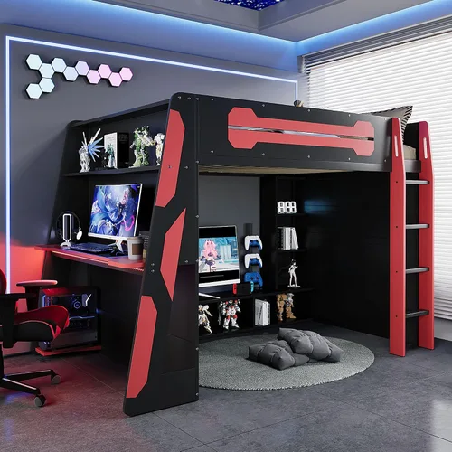 Vista 10 de Cama loft para juegos, cama alta de madera tamaño matrimonial con escritorio, estantes de almacenamiento múltiple y LED, azul nube