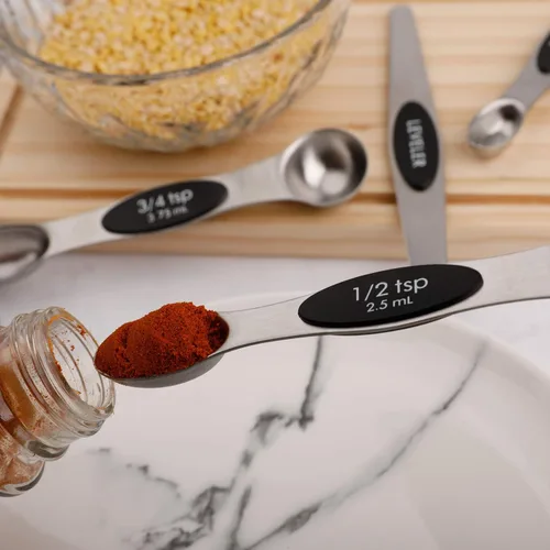 Vista 3 de Juego de 6 cucharas medidoras magnéticas de acero inoxidable de doble cara apilables cucharaditas para medir ingredientes secos y líquidos