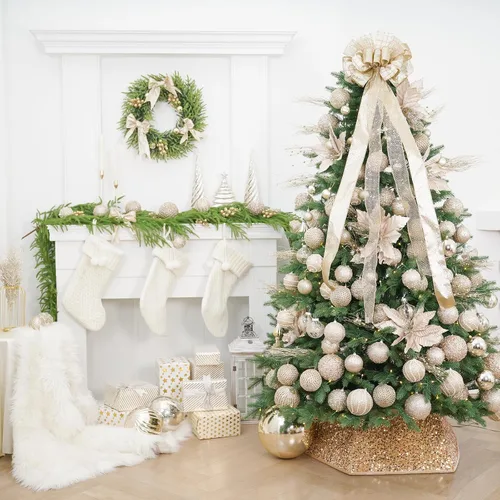 Vista 4 de Decoración para árbol de Navidad de 52 x 12 pulgadas, adorno de Navidad con serpentina de malla de satén con purpurina, para decoración y adornos