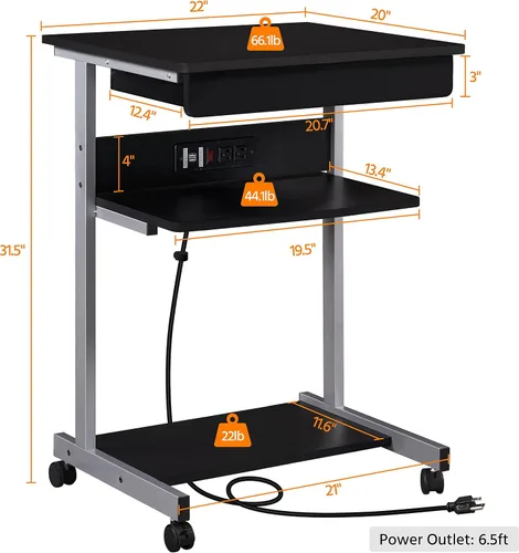 Vista 6 de Yaheetech - Escritorio pequeño para computadora con toma de corriente, carrito para laptop, color negro A Small Rolling Desk with a Power Outlet