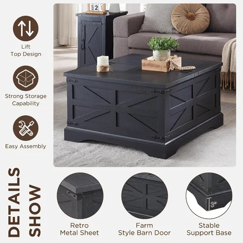 Vista 5 de Farmhouse - Mesa auxiliar cuadrada elevable con gran almacenamiento de 36 pulgadas Mesa de sala de estar de madera con compartimento oculto