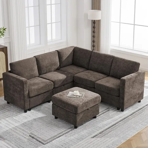 Vista 20 de WUTUTUEE Sofá seccional modular en forma de L de 83" con almacenamiento y otomano móvil, sofá convertible de 4 asientos reversible chaise de Beige