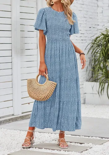 Vista 7 de ZESICA - Vestido veraniego largo y casual para mujer con estampado floral manga corta y cuello redondo de cintura alta fruncida