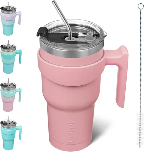 Vista 34 de BJPKPK Mini vaso de 10 onzas con tapa, popote y asa, taza de acero aislada