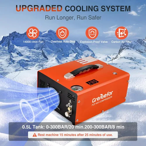 Vista 6 de Compresor de aire PCP 4500PSI/30MPA, bomba de llenado rápido sin aceite de 350W con apagado automático, alimentación dual 12V DC y 110V/220V AC
