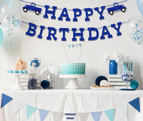 Vista 3 de Decoraciones de cumpleaños de camión azul pre-encordado azul feliz cumpleaños banner pequeño camión fiesta suministros favores