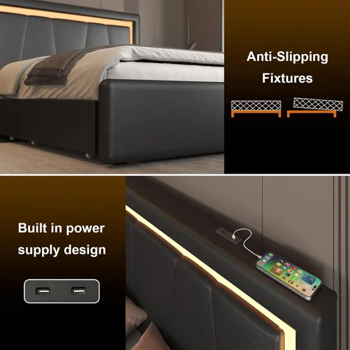 Vista 5 de Benevika Estructura de cama completa con 4 cajones de almacenamiento y cabecera ajustable, cama de plataforma tapizada con luces LED y puertos USB
