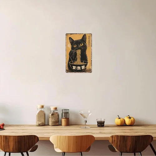 Vista 5 de Cartel de metal con diseño de gato japonés vintage, póster de gato negro comiendo ramen, retro divertido animal comida para amantes de los fideos