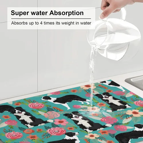 Vista 5 de Tapete de secado de platos para encimera de cocina, tapete escurridor antideslizante Border Collie Florals, almohadilla de secado de platos