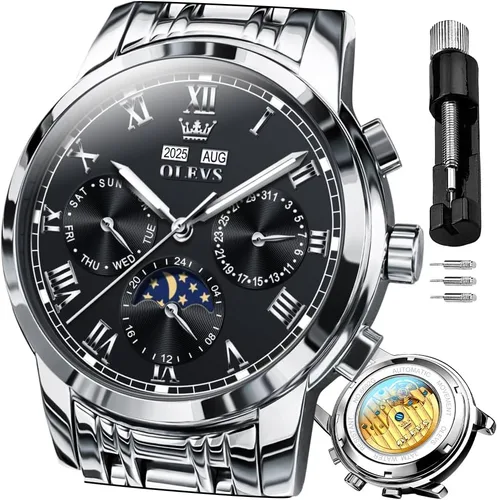 Vista 14 de OLEVS Relojes para hombre automático mecánico de cuerda automática reloj de pulsera multifunción calendario impermeable luminoso