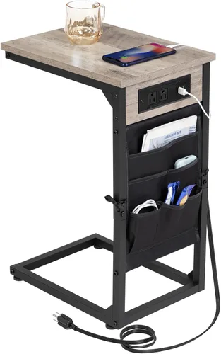 Vista 11 de AMHANCIBLE - Mesa auxiliar en forma de C con estación de carga, juego de bandeja para TV de 2 piezas, mesas de sofá con bolsa de almacenamiento