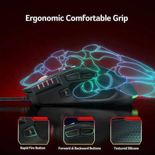 Vista 8 de acer Ratón para juegos con cable, mouse ergonómico RGB de 12,800 DPI con sensor óptico, 8 botones programables, 12 modos retroiluminados, software