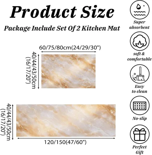 Vista 2 de 2Pcs Elegant Marble Texture Kitchen Mats for Floor Beige Retro Aesthetics Printed Non-Slip Washable Rugs Set Runner for Holiday Decor Entrance Porch
