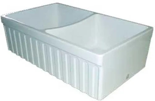 Vista 8 de Whitehaus Collection Quatro Alcove - Fregadero de cocina reversible de doble cuenco Farmhaus con borde frontal acanalado de 2 pulgadas en un lado