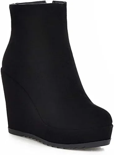 Vista 2 de Botines de tacón de cuña de moda para mujer, botines con cremallera y plataforma de cuero nobuk