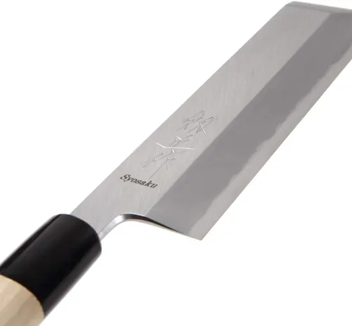 Vista 2 de Cuchillo de chef japonés para sushi y verduras Shiroko (Stees Blanco) No.2 Mango de madera de Maglolia en forma de D, Edo Usuba 6.5 pulgadas