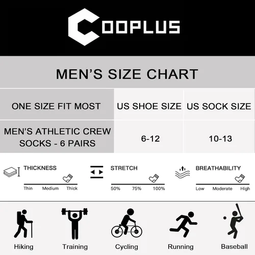 Vista 6 de COOPLUS Calcetines deportivos para hombre que absorben la humedad, calcetines de trabajo duraderos a media pantorrilla para correr deportes (6 pares)