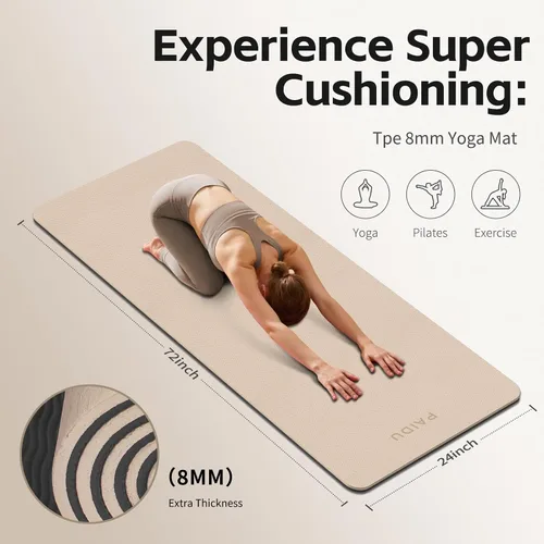 Vista 2 de PAIDU Yoga Mat 8mm Super Thick TPE Fitness Mat SGS Certified Non-Slip, Odorless & Tear-Resistant Unisex with Strap for Yoga, Pilates