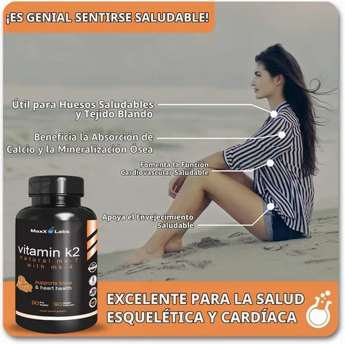 Vista 2 de Suplementos de vitamina K2 – Vitamina K2 de espectro completo MK7, MK4 y calcio – Vitamina K de alta resistencia funciona con vitamina D3 K2 5000 UI