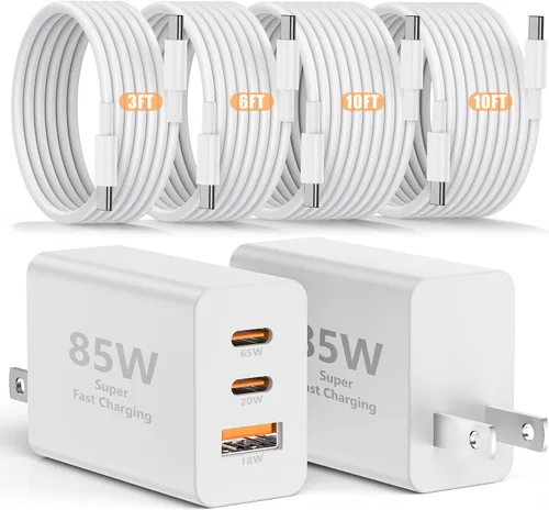 Vista 19 de Susnwere - Cargador de pared USB C de 85 W para Samsung S26 Ultra, 3 puertos de 100 W PD rápida 3.0 tipo C carga con cable USB C de 3/6/10/10 pies