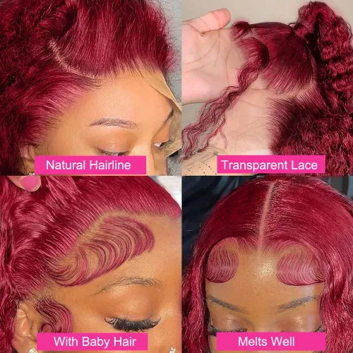Vista 4 de Pelucas de encaje frontal burdeos para mujeres negras de 24 pulgadas 99J, ondas profundas, 13x4, encaje frontal transparente, sin pegamento, textura