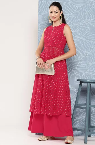 Vista 3 de Janasya Kurta con estampado de Georgette rosa indio con palazzo acampanado para mujer
