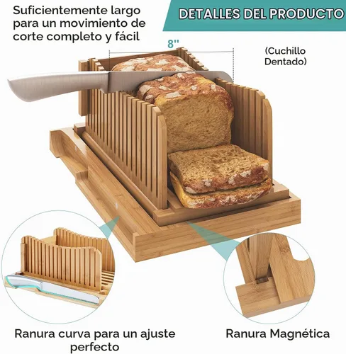 Vista 3 de Cortador de pan de bambú con cuchillo dentado, guía ajustable para 3 tamaños de grosor, tabla de cortar plegable con bandeja para migas, ideal