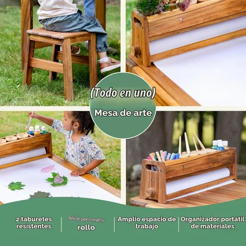 Vista 4 de Guidecraft Juego de mesa y taburete de arte para exteriores Acadia: mesa de madera de acacia para niños con 2 sillas, rollo de papel