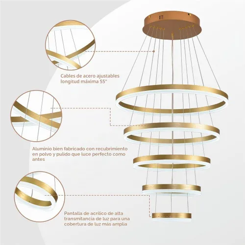 Vista 5 de Candelabro moderno dorado de 5 anillos regulable LED, altura ajustable para colgar en el techo para comedor cocina