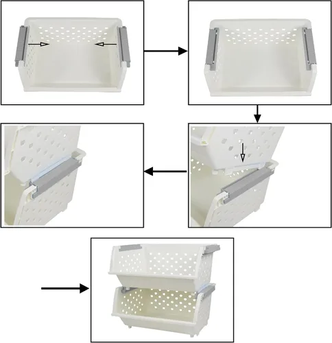 Vista 4 de Paquete de 3 cestas de almacenamiento apilables de plástico, cesta organizadora apilable blanca Stackable Storage Design, Breathable Perforated