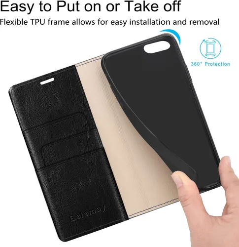 Vista 5 de Belemay Funda tipo cartera compatible con iPhone 8 Plus, de piel de vaca auténtica, funda tipo folio (funda interior de TPU suave), ranuras