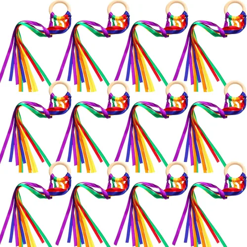 Vista 12 de Deekin 12 piezas de cinta de arco iris de madera Waldorf juguetes creativos Waldorf juego de cometas de mano serpentinas con anillo de madera