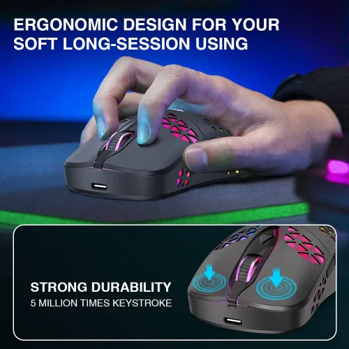 Vista 6 de WolfLawS Mouse inalámbrico para juegos KM-3 mouse USB recargable con carcasa de panal 7 botones programados 4 DPI ajustables BT50BT3024GHz mouse