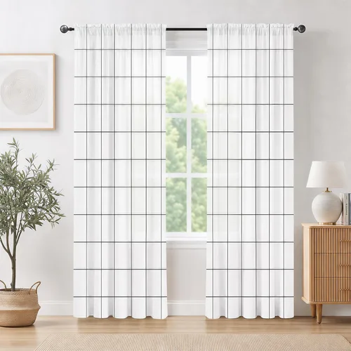 Vista 19 de Cortinas negras y grises para sala de estar, 63 pulgadas de largo, cortinas geométricas modernas, negras, blancas, grises, abstractas, con bolsillo